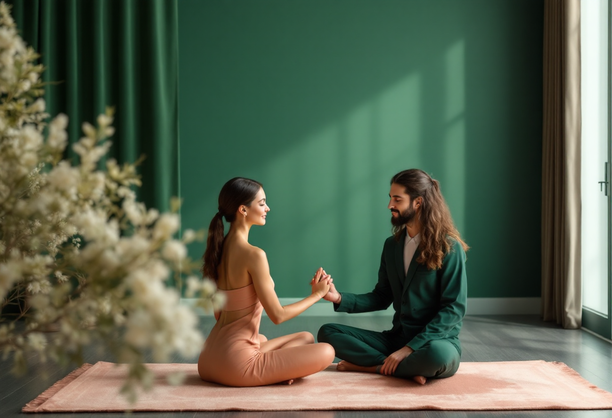 Couple meditating overlooking a serene landscape